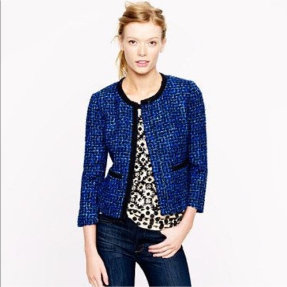 JCrew Boucle Tweed Clasp Front Blue Blazer Jacket